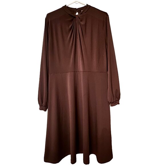 Burgundy, A-line, Long-Sleeve Dress w Ruched Collar Detail & Peephole in back - Picture 1 of 8